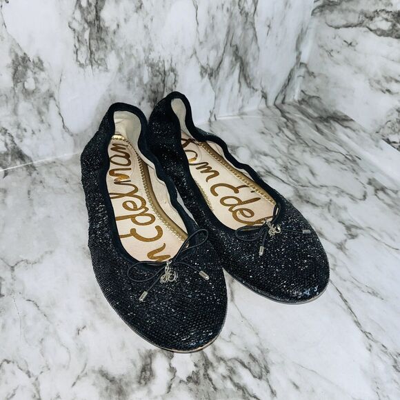 Sam Edelman Ballet Flats Felicia Metallic Bow Logo Black Women 7.5 Preppy Grunge - Picture 1 of 8